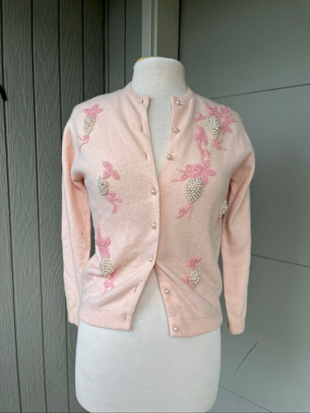 VTG 50s Mohan's Hong Kong Hand Beaded Cardigan Pink Pearl Sweater 36